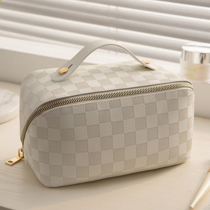 Toiletry Bag with Checkered Pattern and Practical Inner Dividers - Toiletry Bags - White - Oaksoho