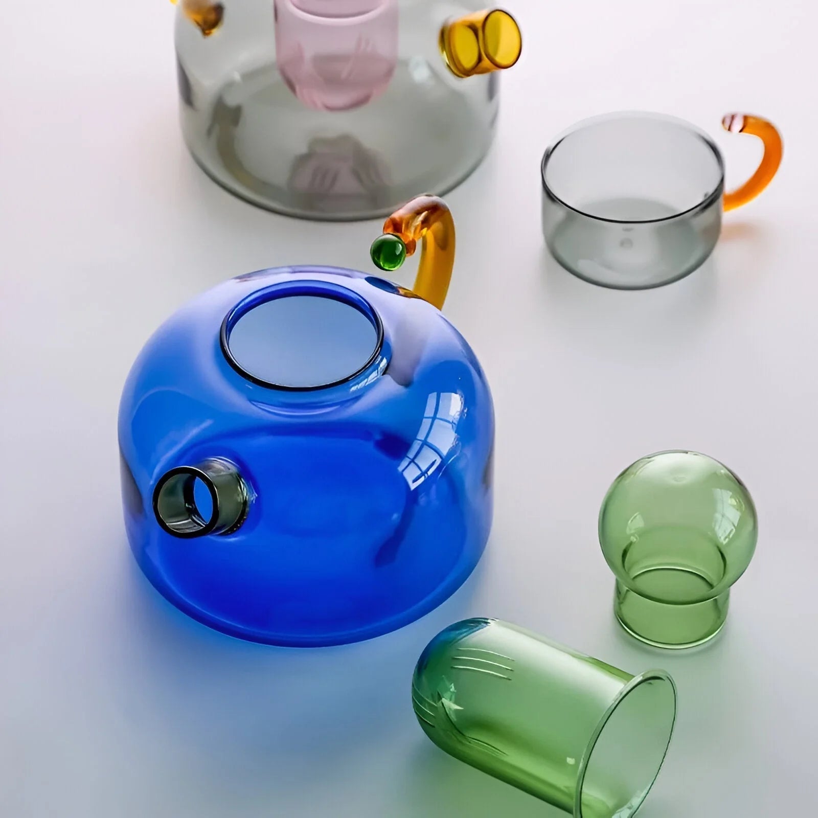 Transparent Teapot with Cups made of Borosilicate Glass - Blue - Oaksoho