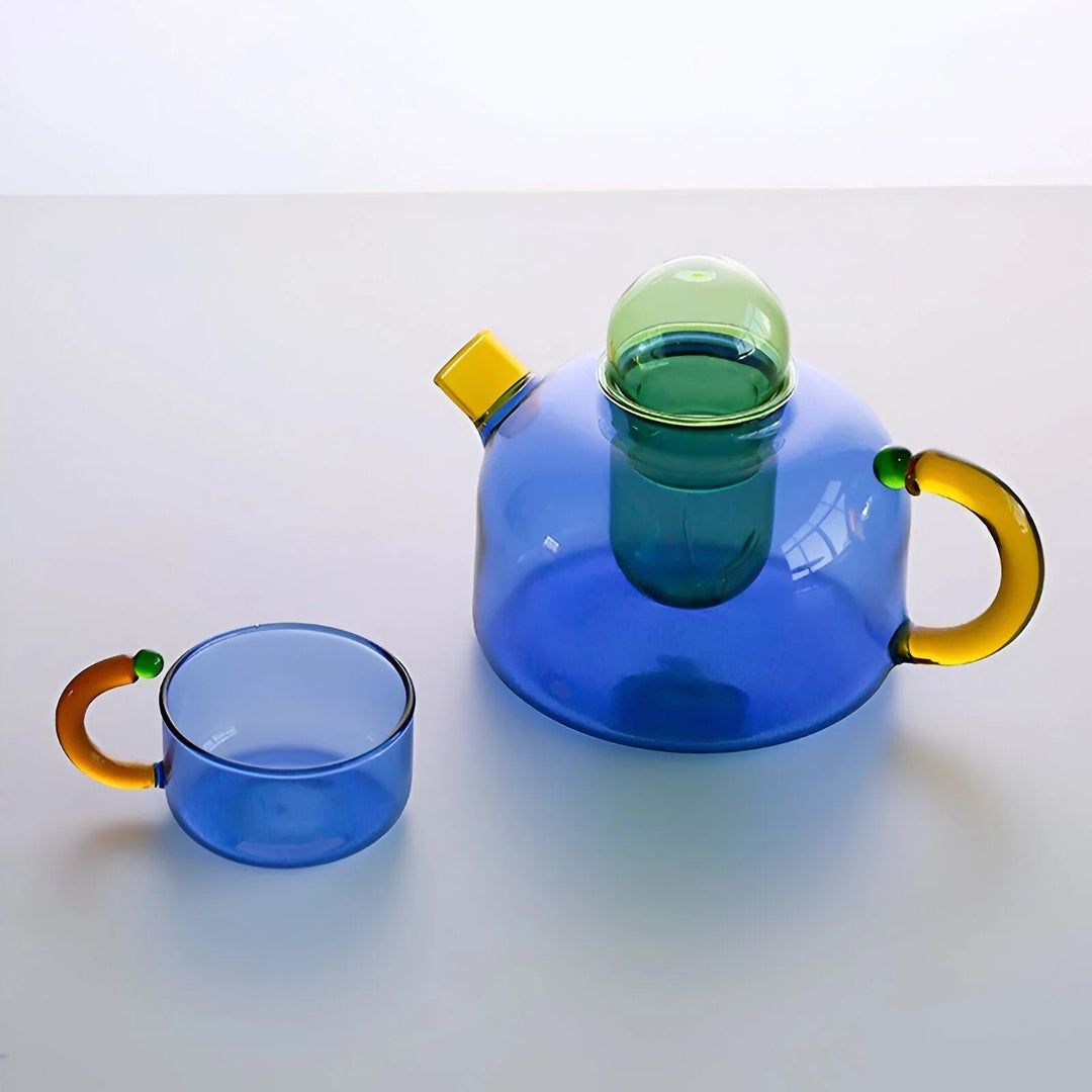 Transparent Teapot with Cups made of Borosilicate Glass - Blue - Oaksoho
