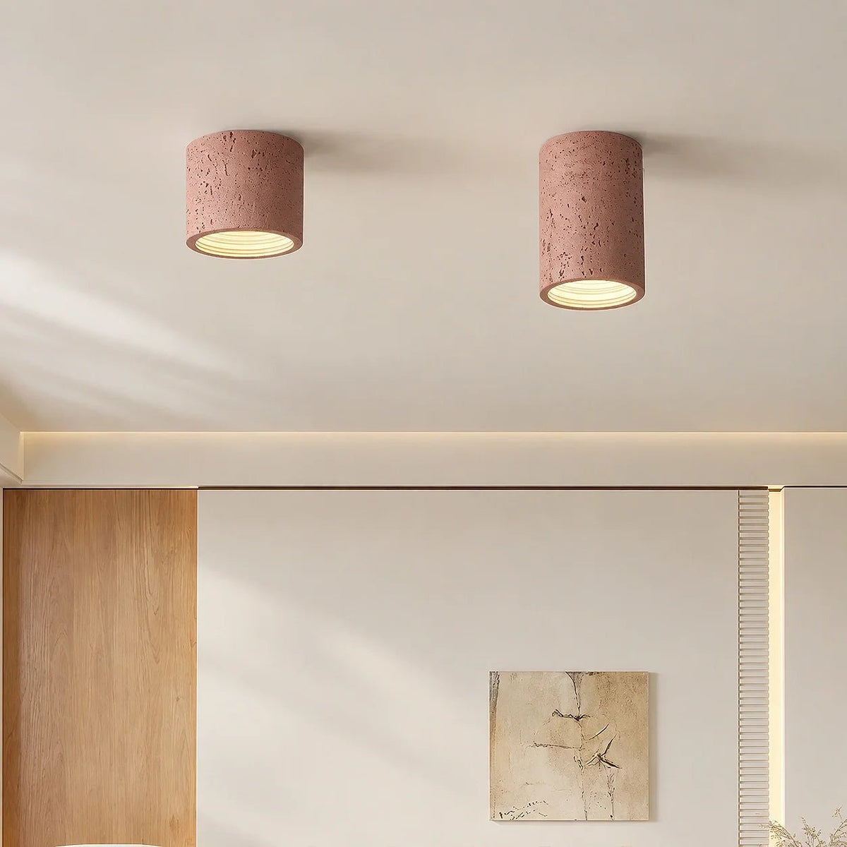 Travertine Effect Cylinder Ceiling Light Flush Mount - Ceiling Light Fixtures - Red - Oak Soho