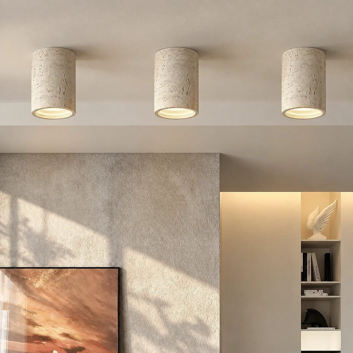 Travertine Effect Cylinder Ceiling Light Flush Mount - Ceiling Light Fixtures - White - Oak Soho