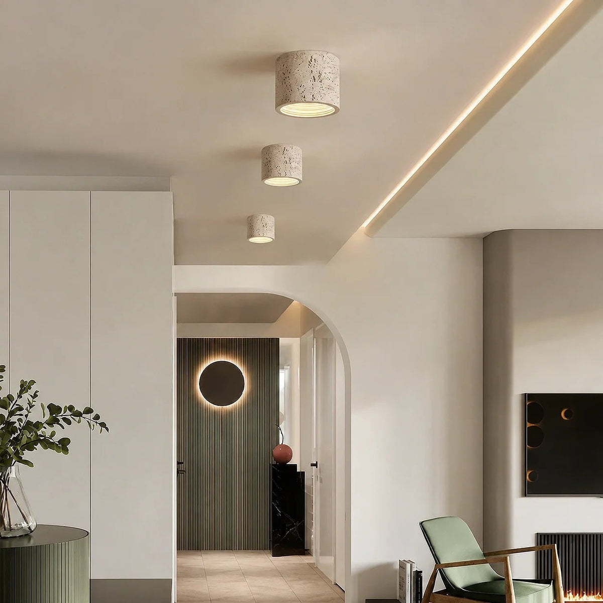 Travertine Effect Cylinder Ceiling Light Flush Mount - Ceiling Light Fixtures - White - Oak Soho