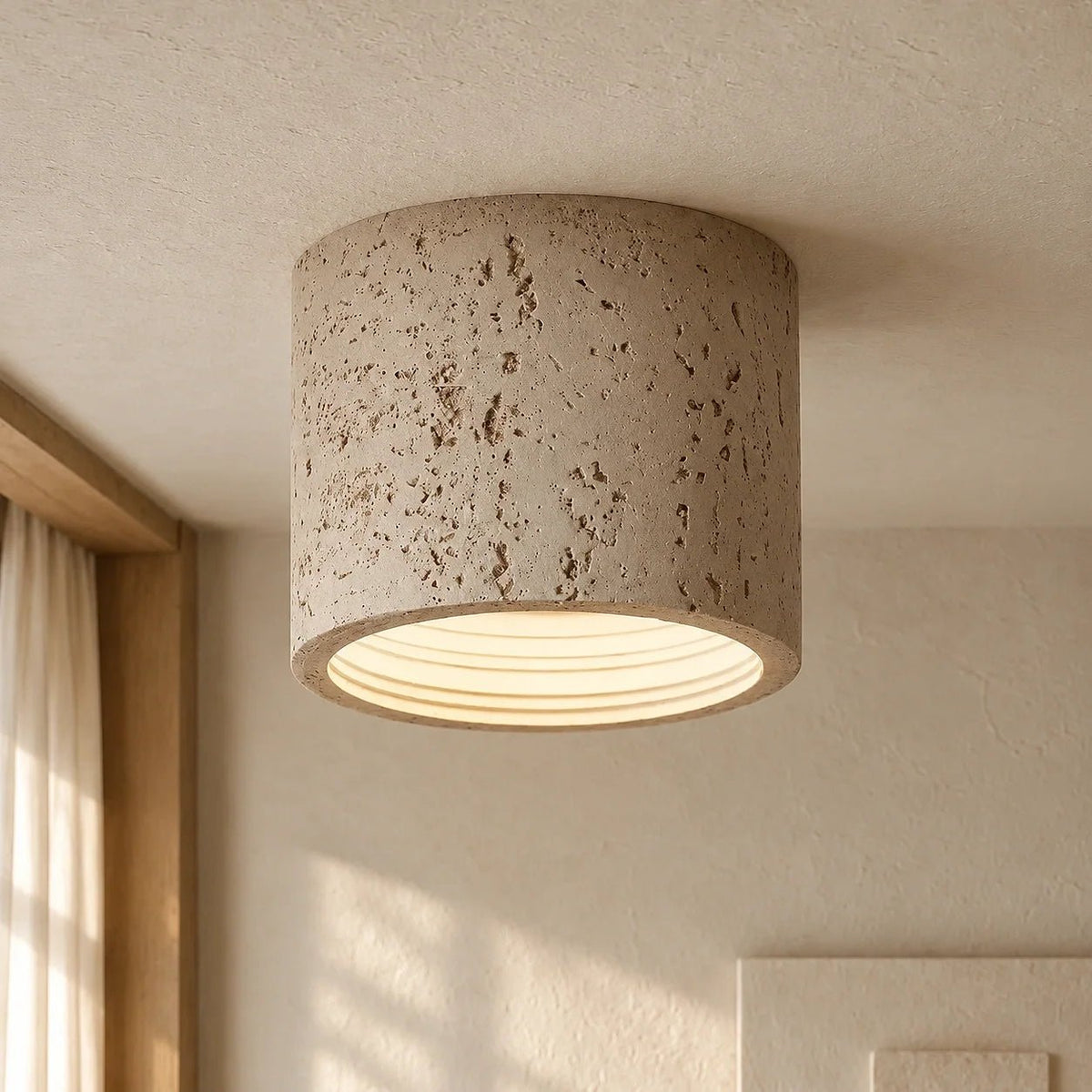 Travertine Effect Cylinder Ceiling Light Flush Mount - Ceiling Light Fixtures - Beige - Oak Soho