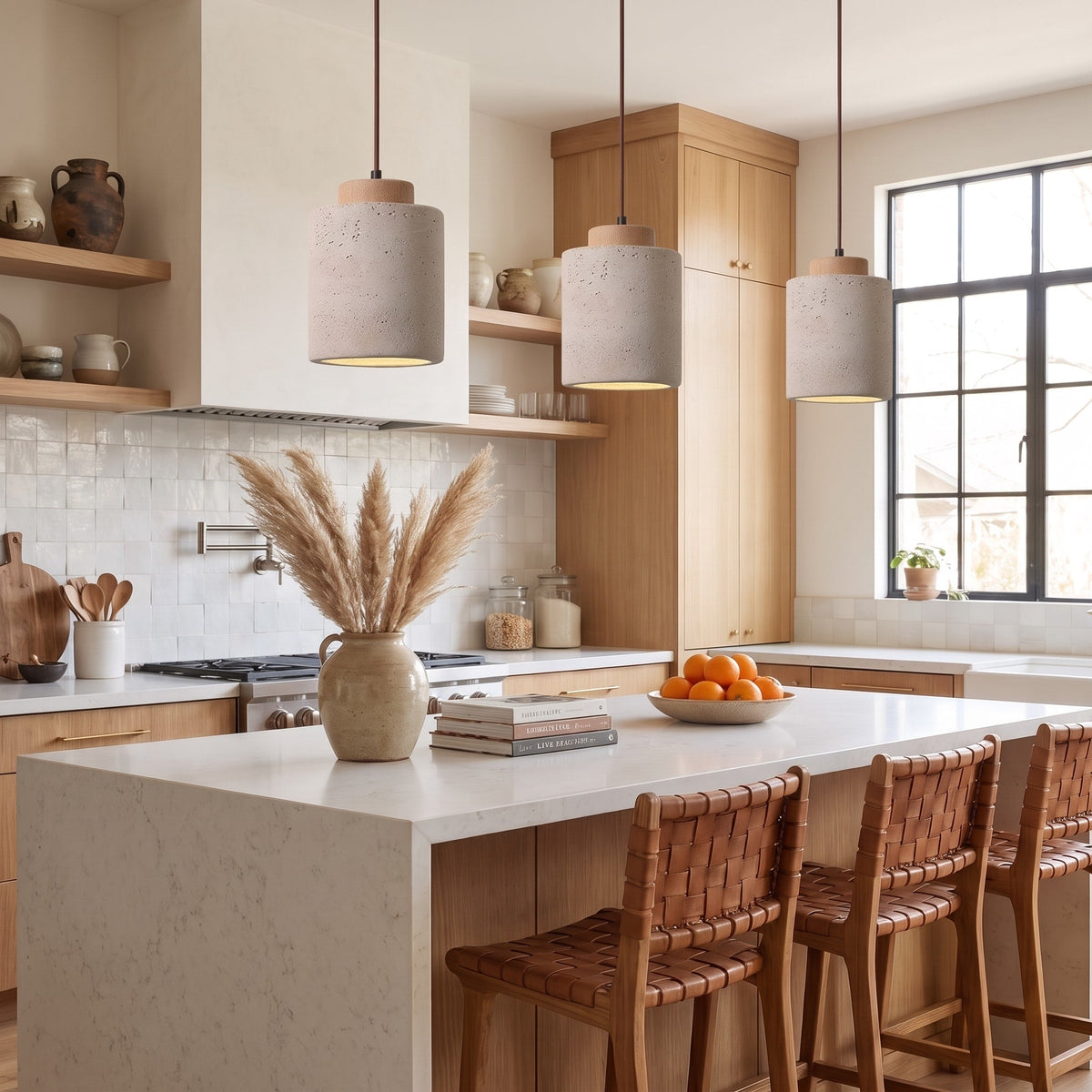 Travertine Pendant Light with Wooden Top - Pendant Light Fixtures - Oak - Oak Soho