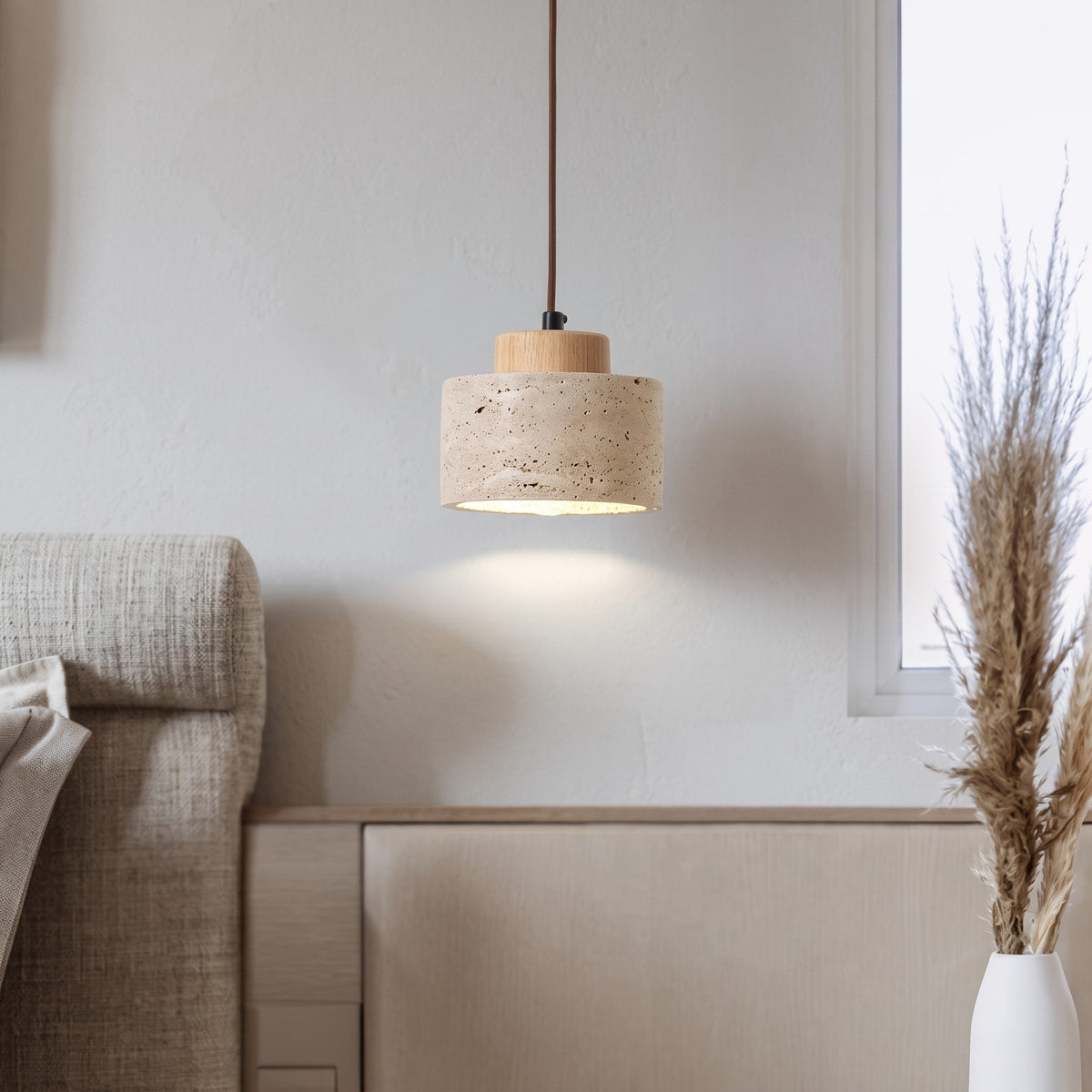 Travertine Pendant Light with Wooden Top - Pendant Light Fixtures - Oak - Oak Soho