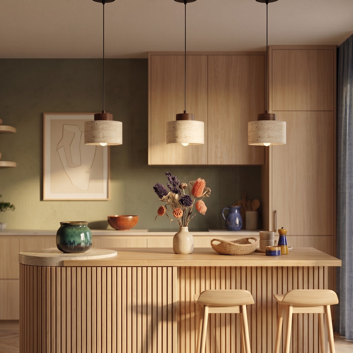 Travertine Pendant Light with Wooden Top - Pendant Light Fixtures - Walnut - Oak Soho