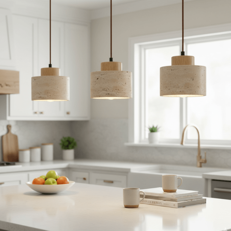 Travertine Pendant Light with Wooden Top - Pendant Light Fixtures - Oak - Oak Soho