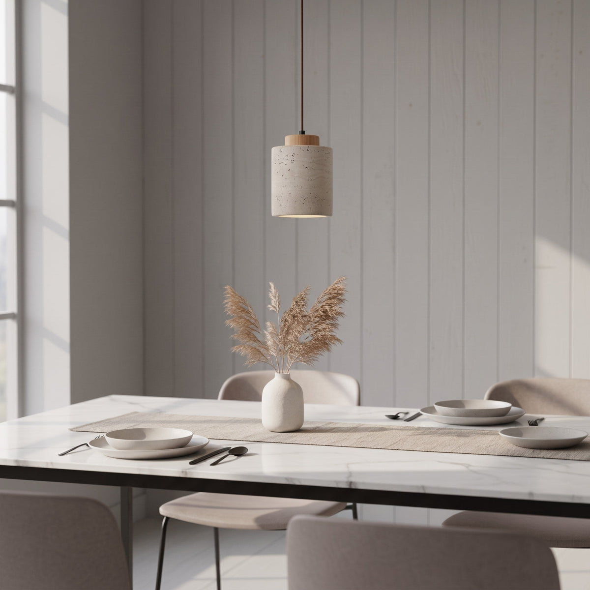Travertine Pendant Light with Wooden Top - Pendant Light Fixtures - Oak - Oak Soho