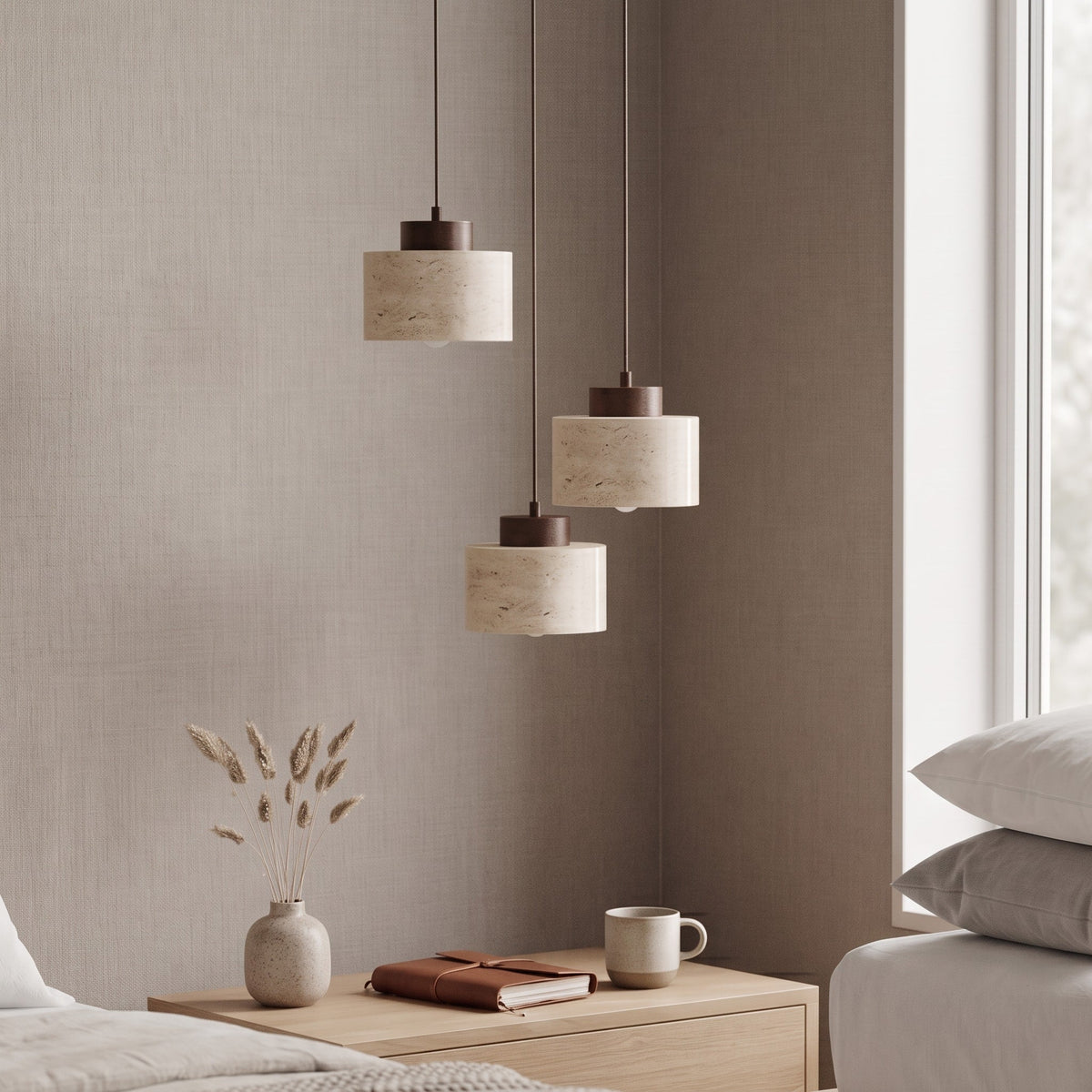 Travertine Pendant Light with Wooden Top - Pendant Light Fixtures - Walnut - Oak Soho