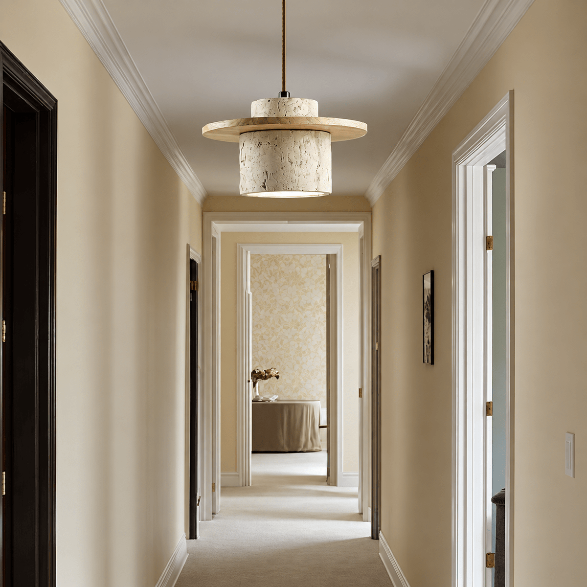 Travertine Stone Pendant Light with Wooden Disc Accent - Pendant Light Fixtures - Light Brown - Oak Soho