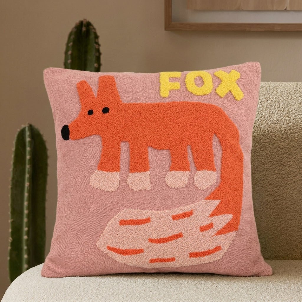 Tufted Animal Embroidery Cushion Cover with Playful Design - Chair & Sofa Cushion Covers - Fox - Oak Soho