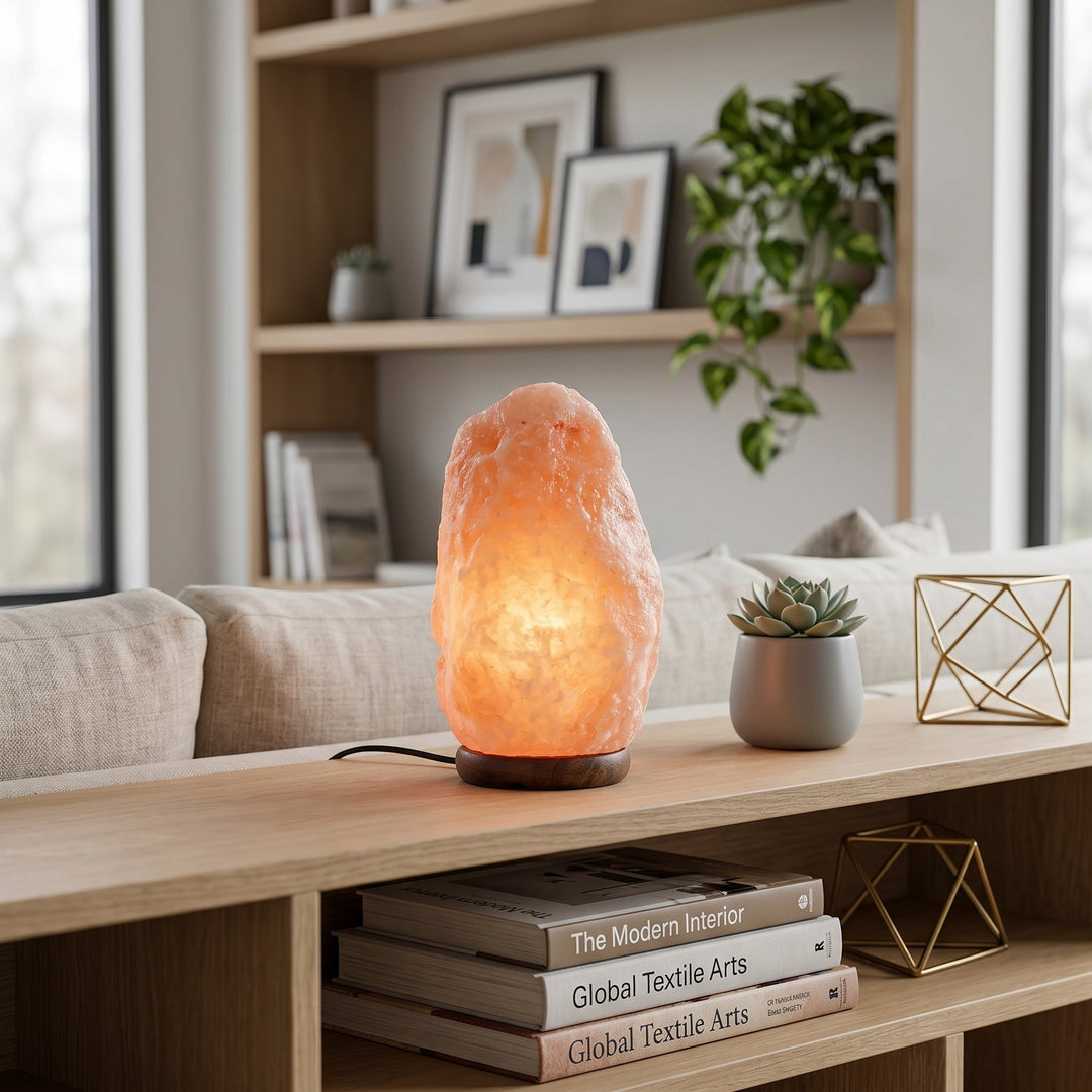 Table Lamp in Himalayan Salt Look with Wooden Base