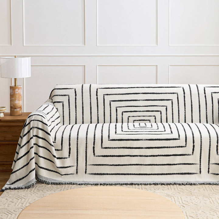 Versatile Sofa Cover with Geometric Pattern - Living Room - White - Oaksoho