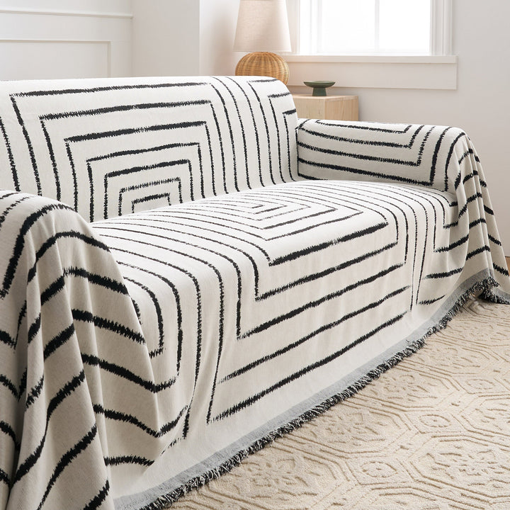 Versatile Sofa Cover with Geometric Pattern - Living Room - White - Oaksoho