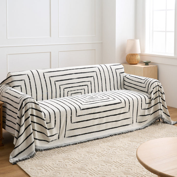 Versatile Sofa Cover with Geometric Pattern - Living Room - White - Oaksoho