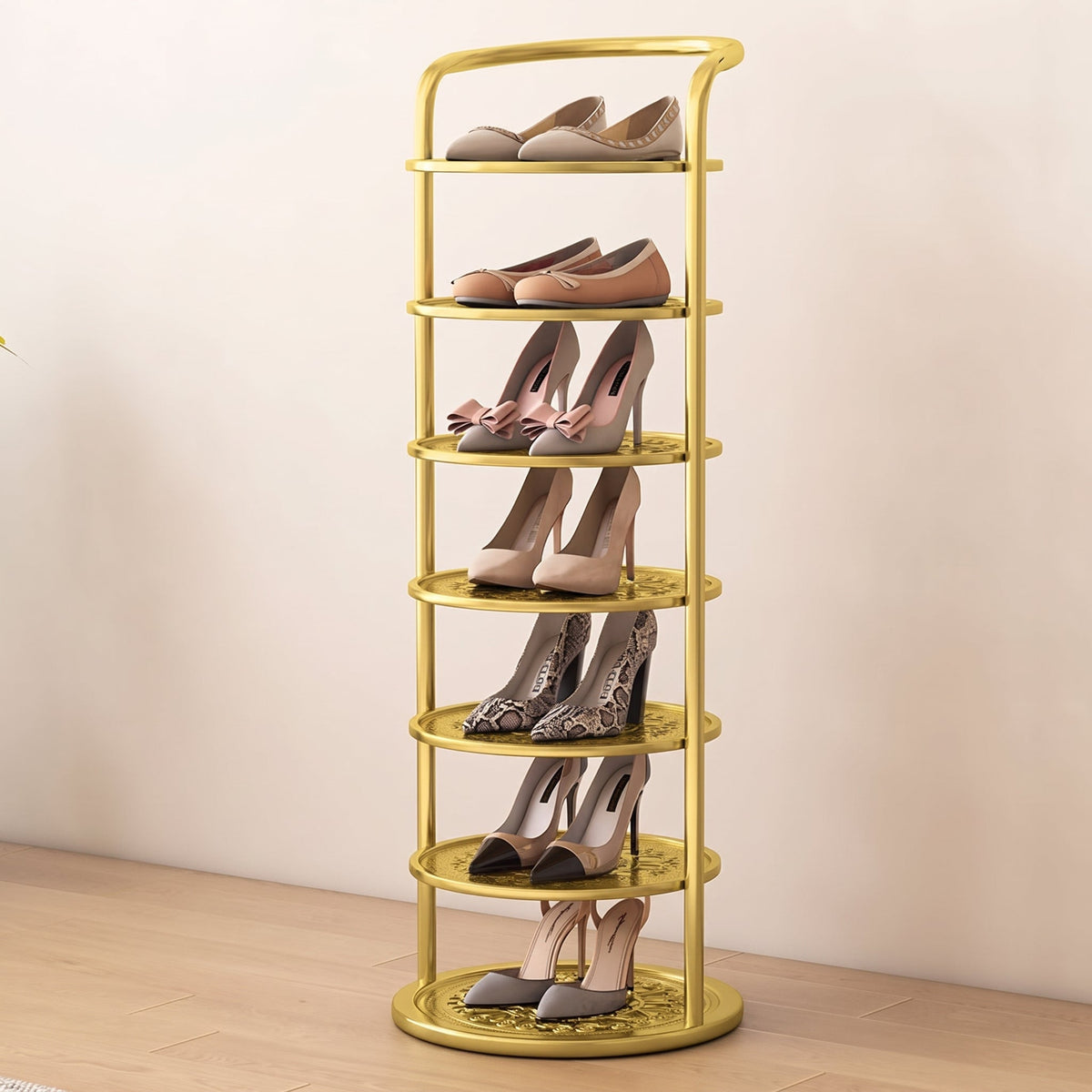 Vertical Round Open Tier Shoe Rack Entryway Storage - Shoe Racks - Gold - Oak Soho