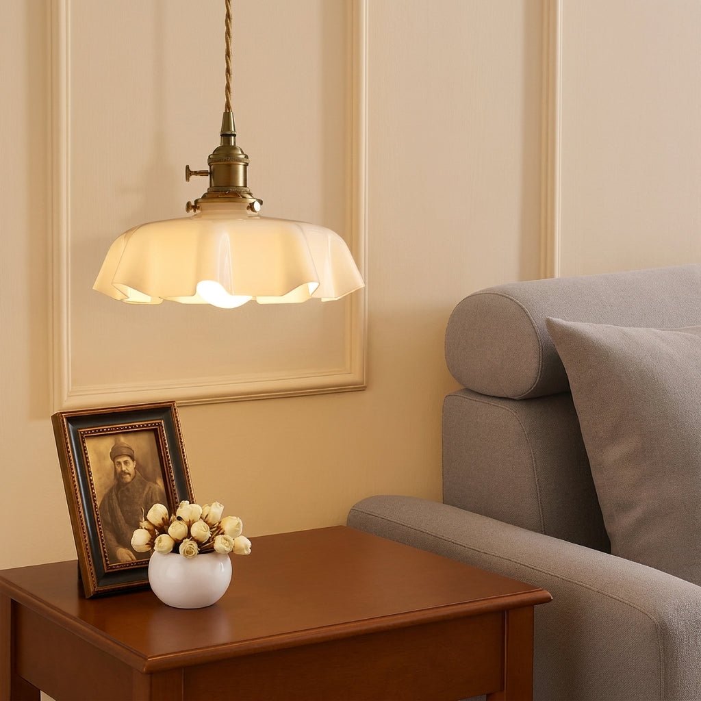 Vintage Pendant Lamp with Pleated Glass Shade - Pendant Light - Oaksoho