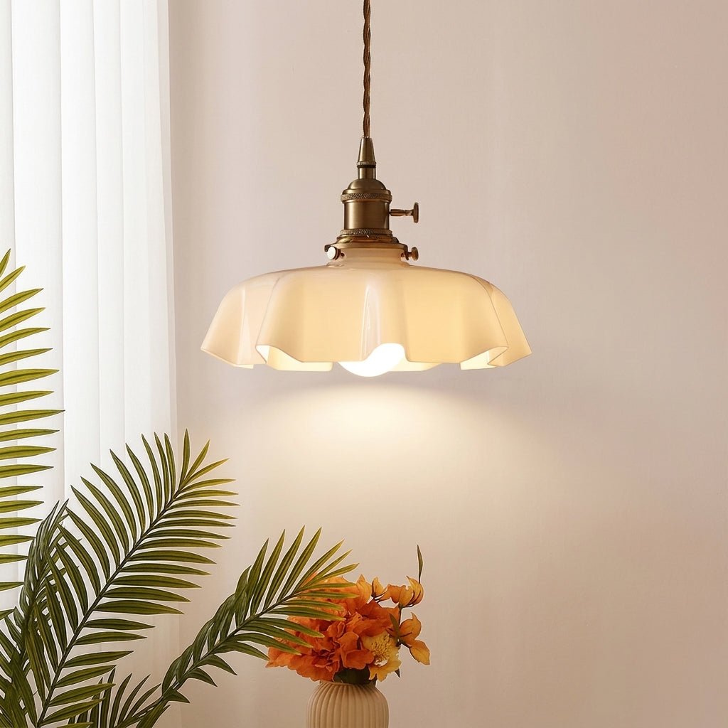 Vintage Pendant Lamp with Pleated Glass Shade - Pendant Light - Oaksoho