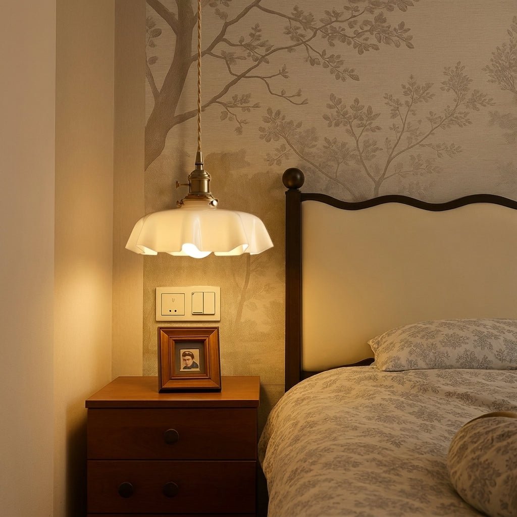 Vintage Pendant Lamp with Pleated Glass Shade - Pendant Light - Oaksoho
