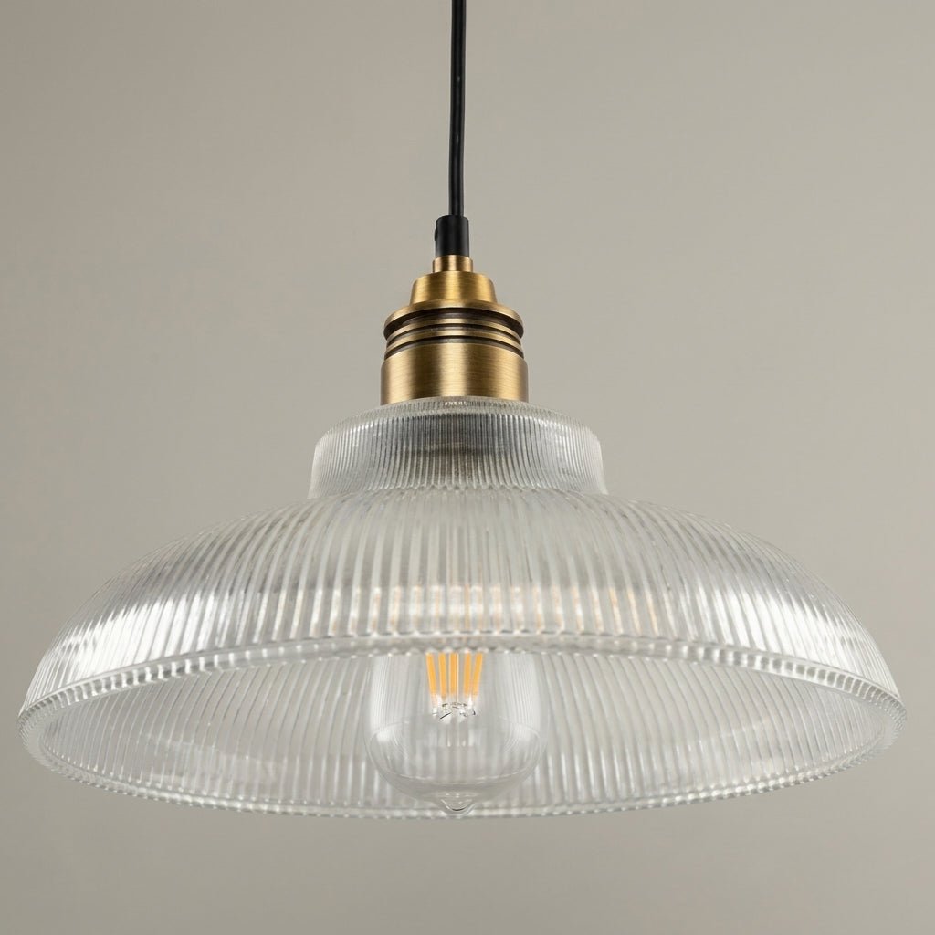 Vintage Pendant Light with Ribbed Glass Shade and Brass Socket - Vintage Pendant Light - Clear - Oaksoho