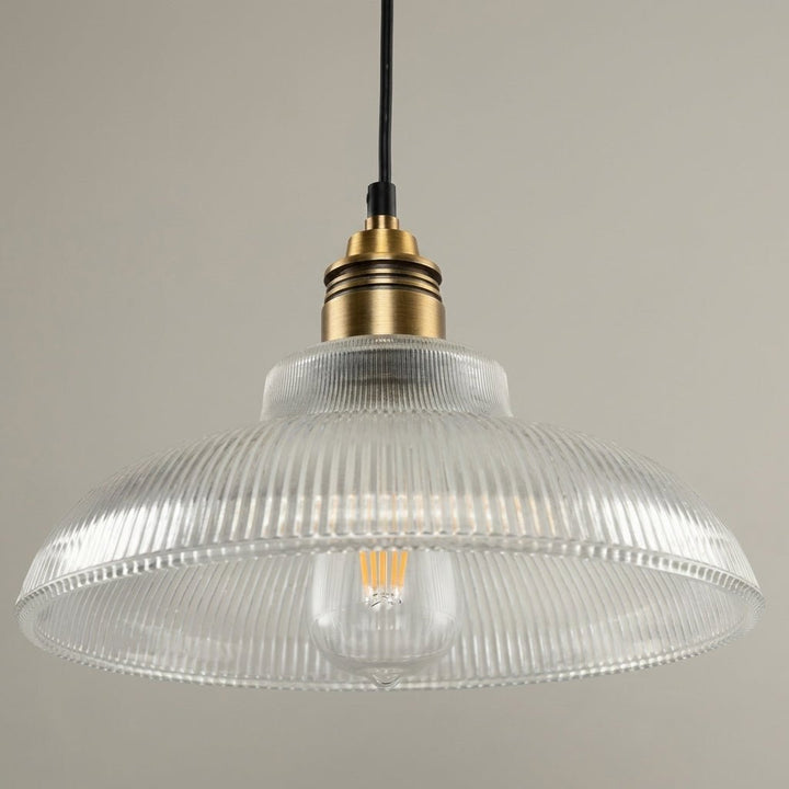 Vintage Pendant Light with Ribbed Glass Shade and Brass Socket - Vintage Pendant Light - Clear - Oaksoho