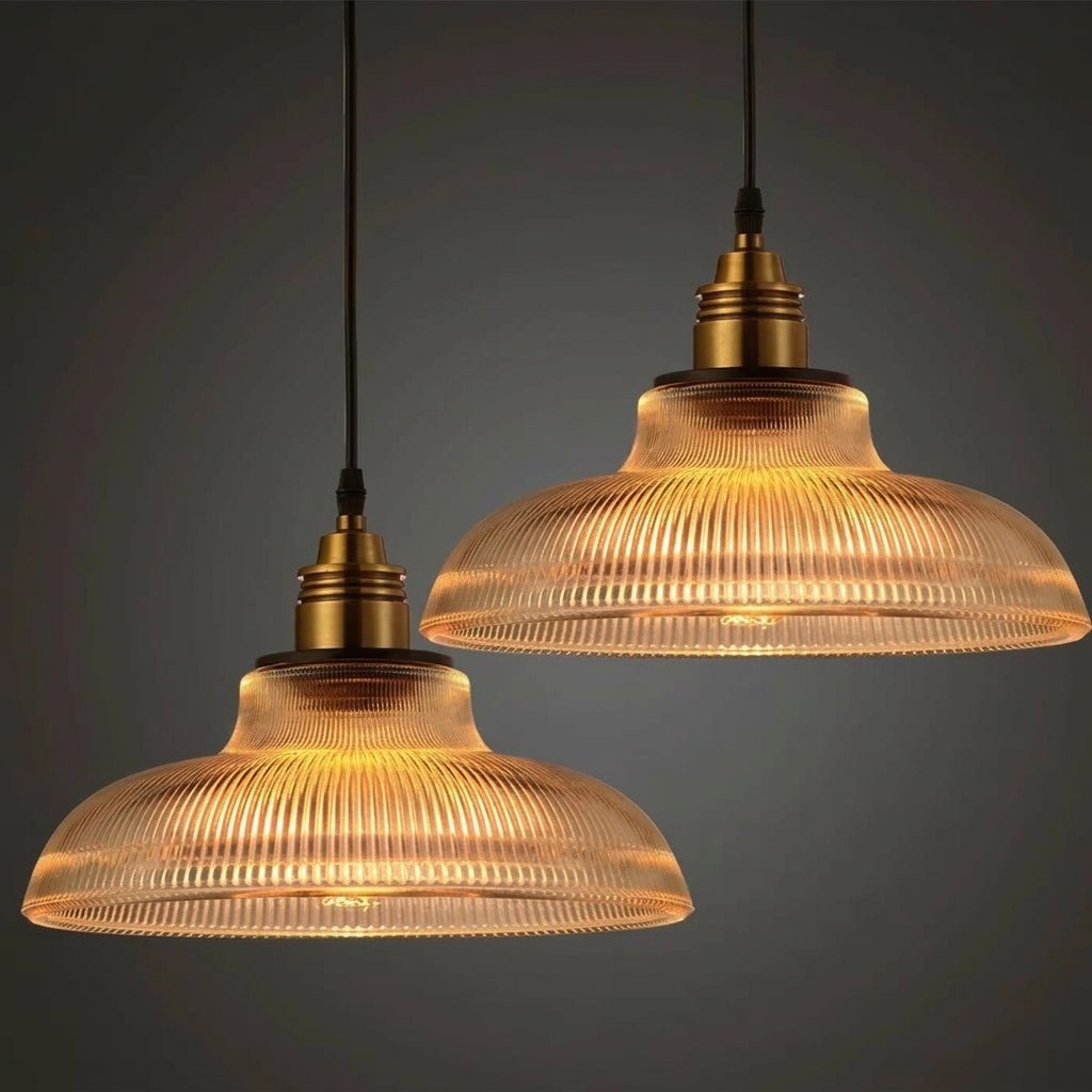 Vintage Pendant Light with Ribbed Glass Shade and Brass Socket - Vintage Pendant Light - Amber - Oaksoho