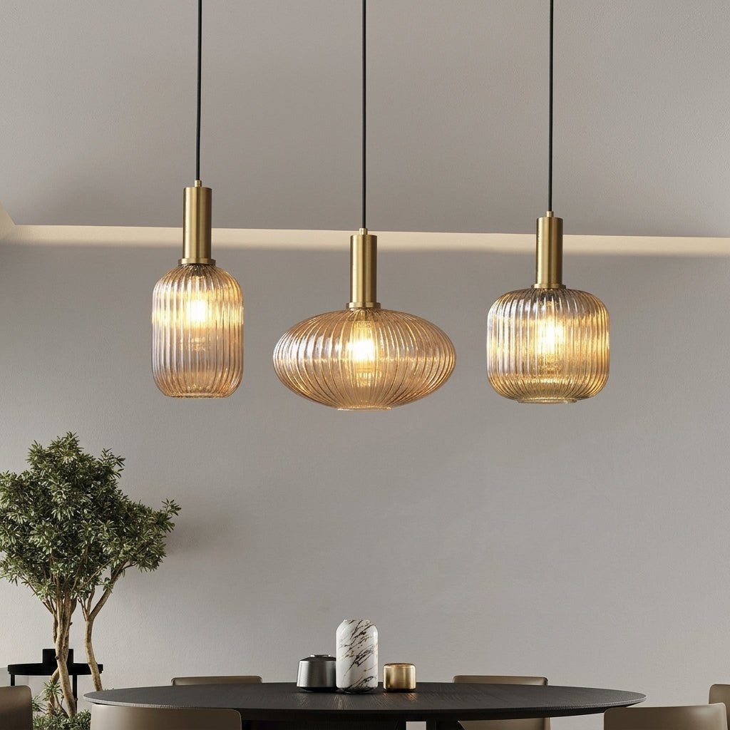 Vintage Ribbed Glass Pendant Light with Brass Fixture - Pendant Light - Brown - Oaksoho