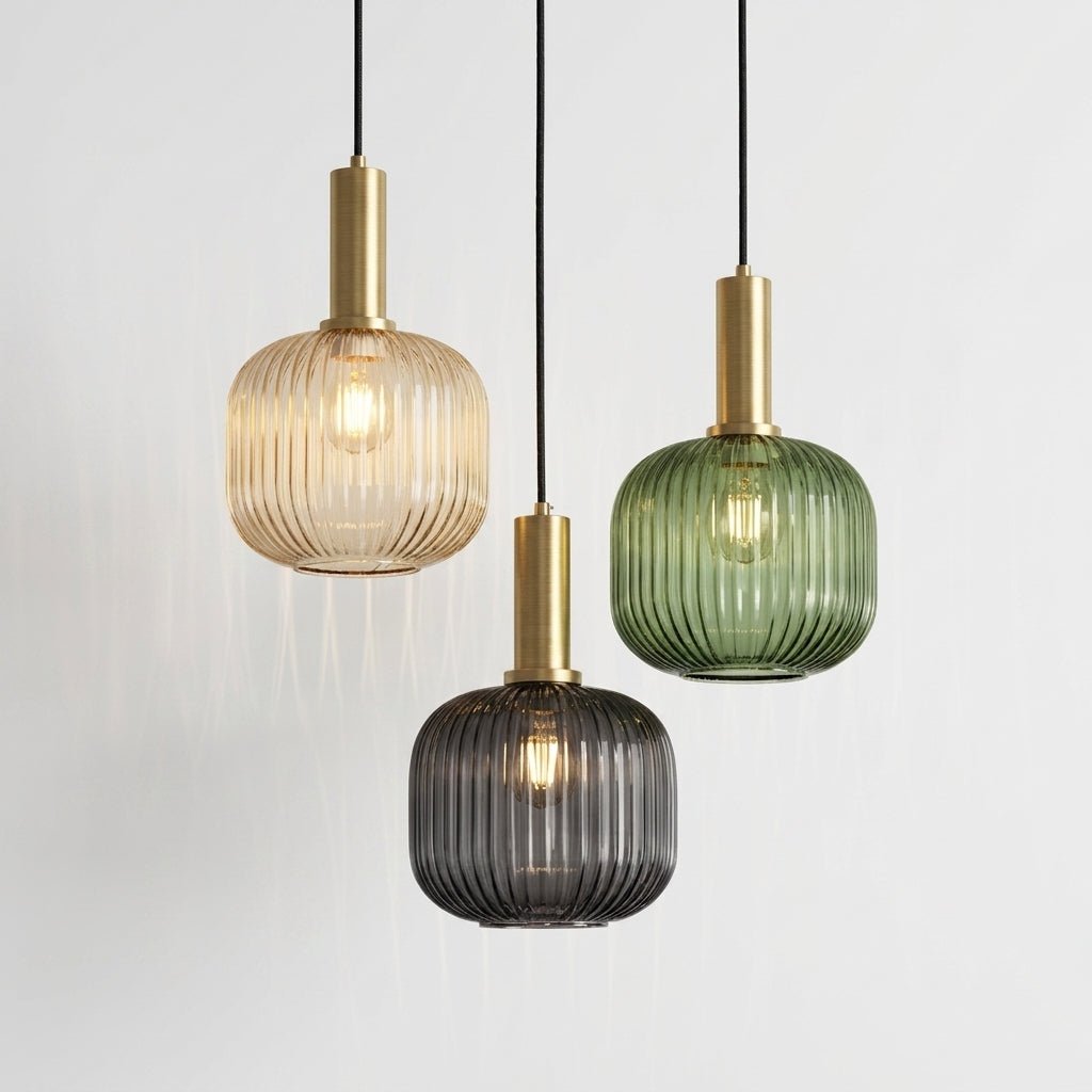 Vintage Ribbed Glass Pendant Light with Brass Fixture - Pendant Light - White - Oaksoho