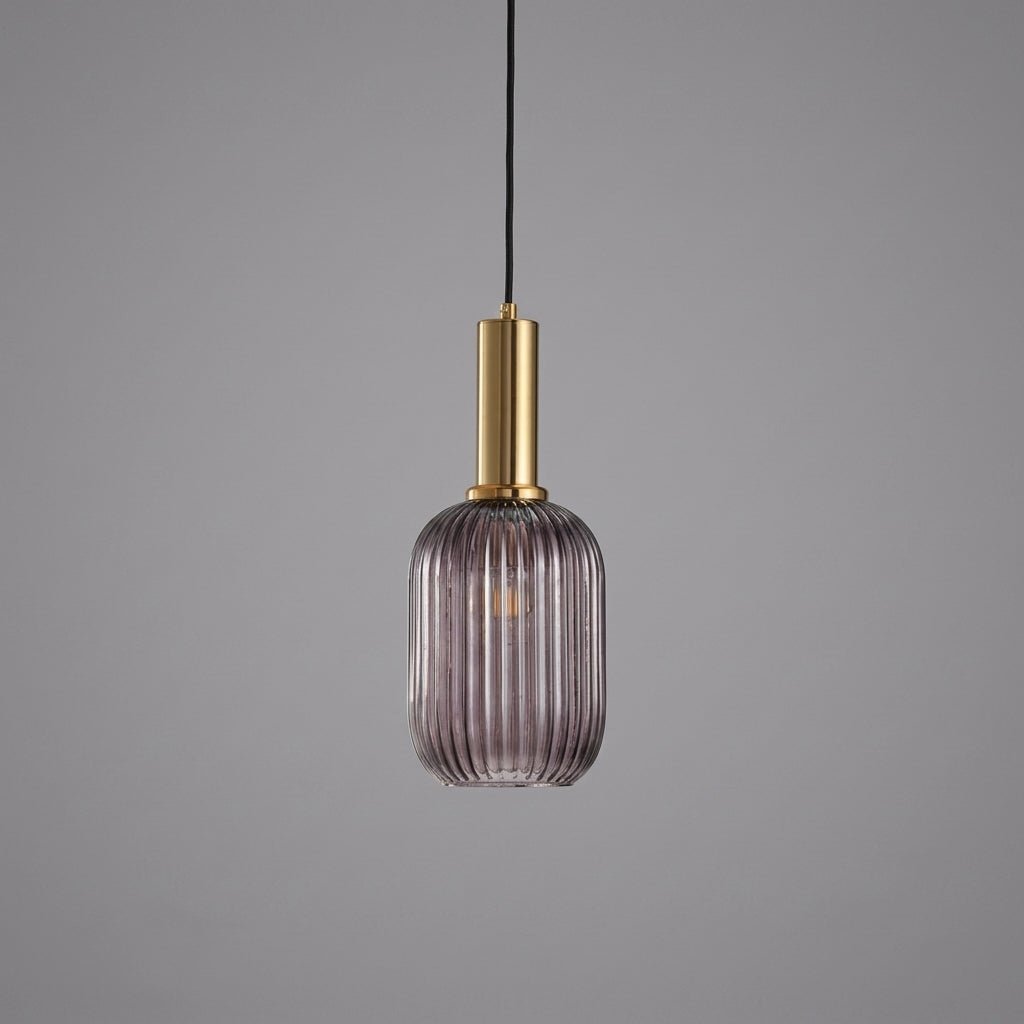 Vintage Ribbed Glass Pendant Light with Brass Fixture - Pendant Light - Grey - Oaksoho