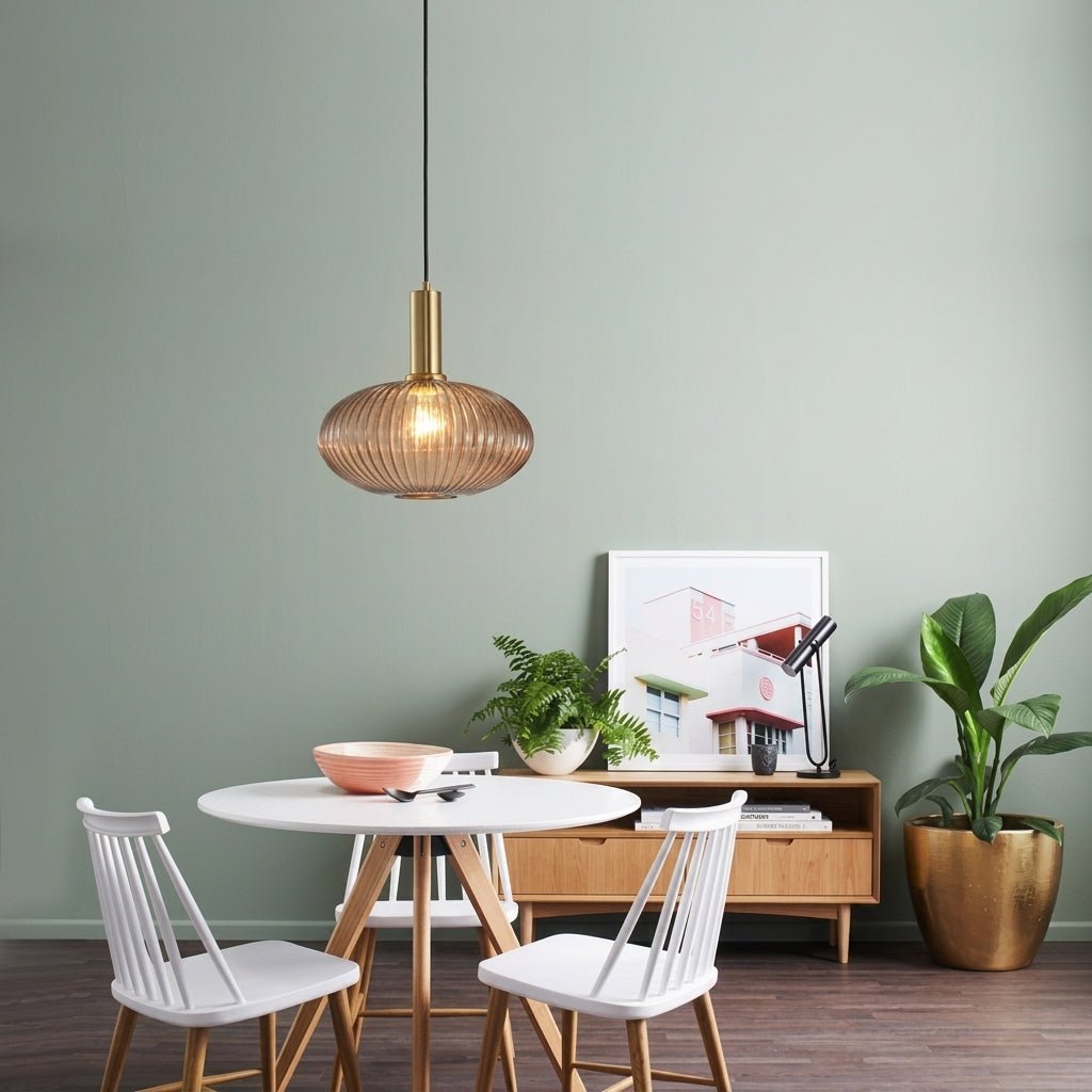 Vintage Ribbed Glass Pendant Light with Brass Fixture - Pendant Light - Brown - Oaksoho