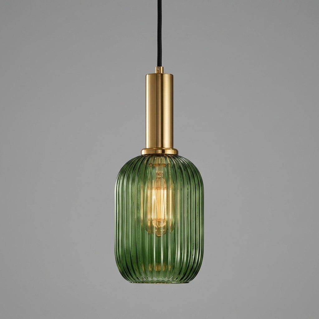 Vintage Ribbed Glass Pendant Light with Brass Fixture - Pendant Light - Green - Oaksoho