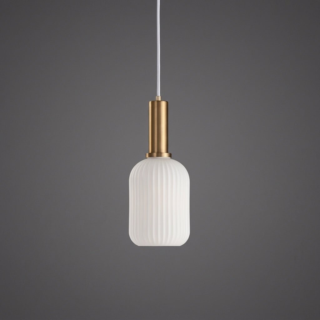 Vintage Ribbed Glass Pendant Light with Brass Fixture - Pendant Light - White - Oaksoho