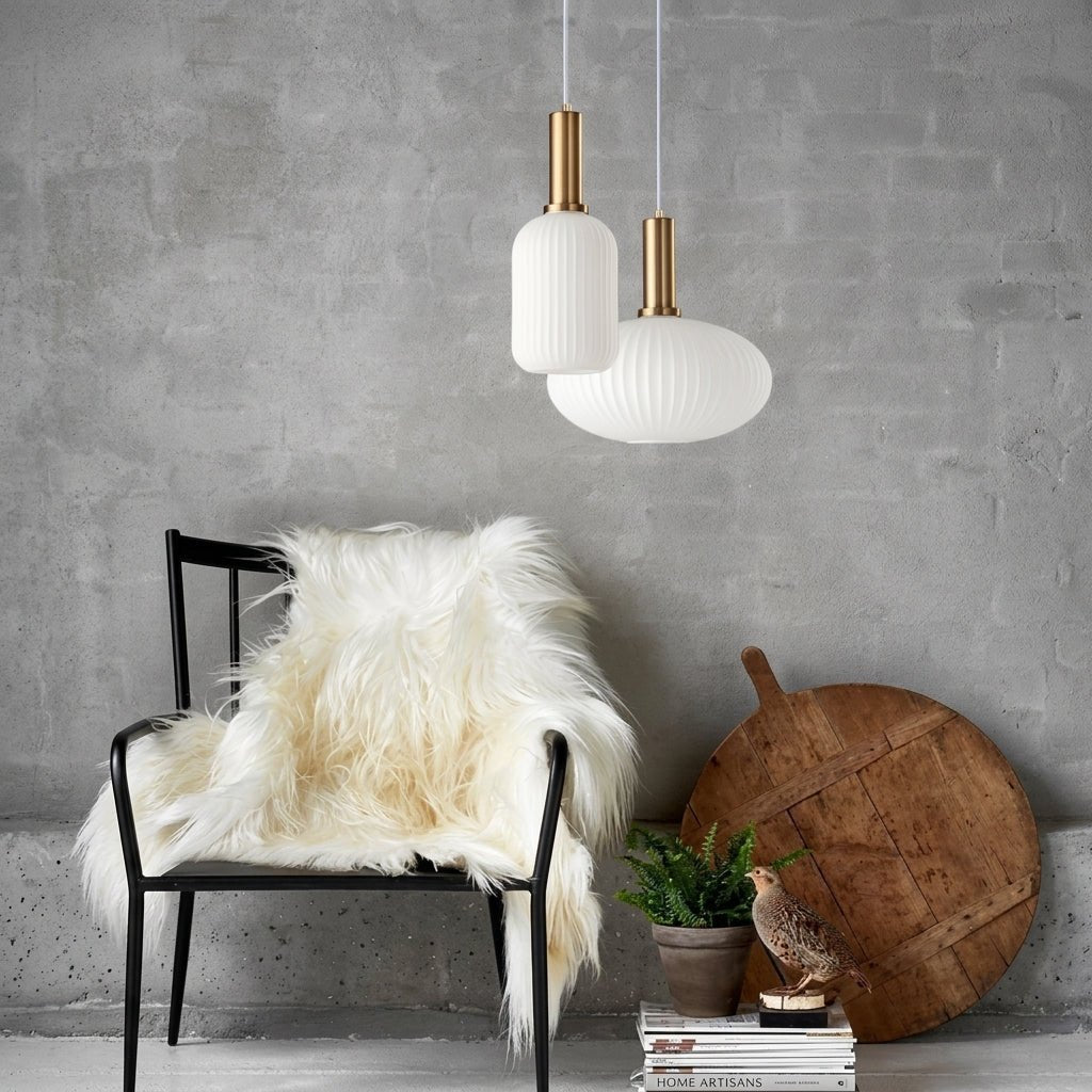 Vintage Ribbed Glass Pendant Light with Brass Fixture - Pendant Light - White - Oaksoho