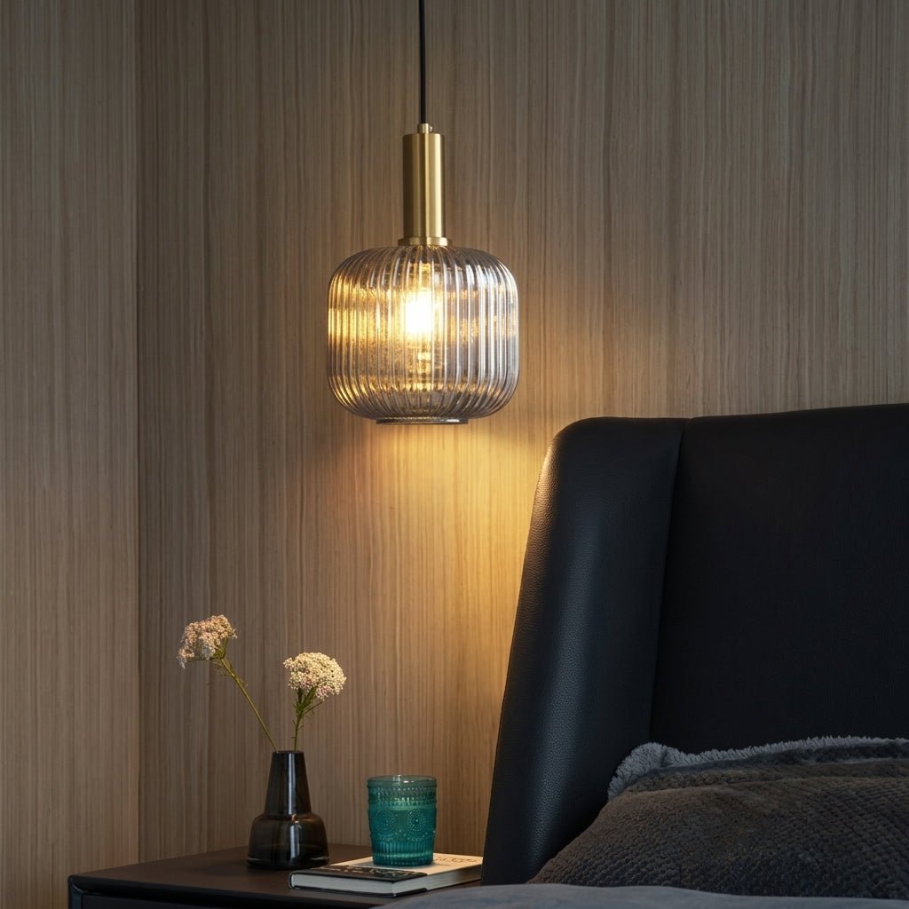 Vintage Ribbed Glass Pendant Light with Brass Fixture - Pendant Light - Brown - Oaksoho
