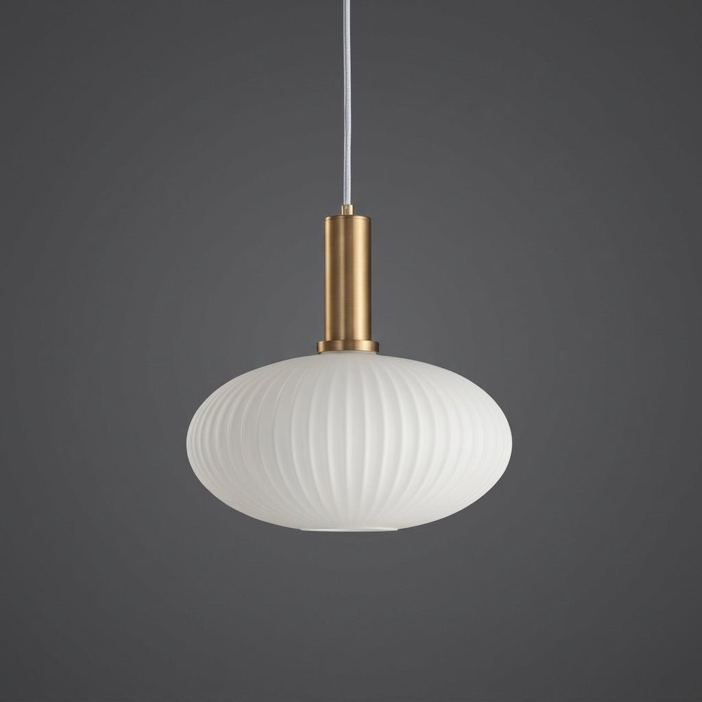 Vintage Ribbed Glass Pendant Light with Brass Fixture - Pendant Light - White - Oaksoho