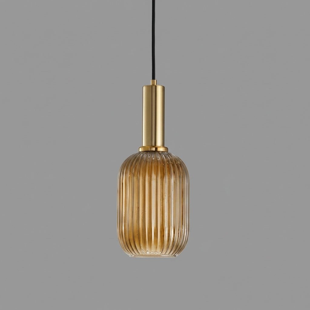 Vintage Ribbed Glass Pendant Light with Brass Fixture - Pendant Light - Brown - Oaksoho