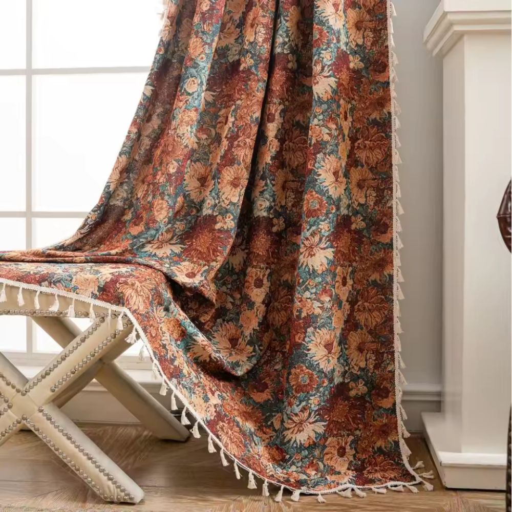 Vintage - Style Floral Curtain for a Classic Room Atmosphere - Curtains - Autumn Flowers - Oaksoho