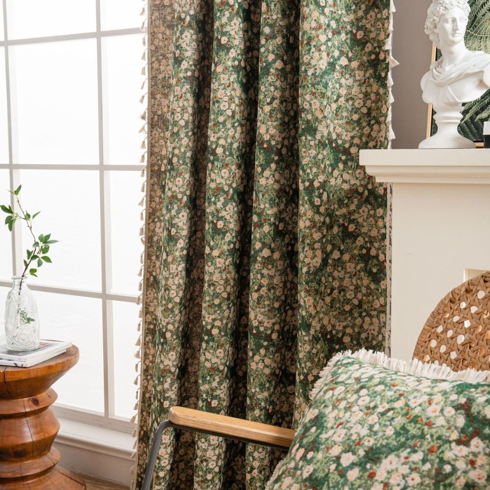 Vintage - Style Floral Curtain for a Classic Room Atmosphere - Curtains - Flower Green - Oaksoho