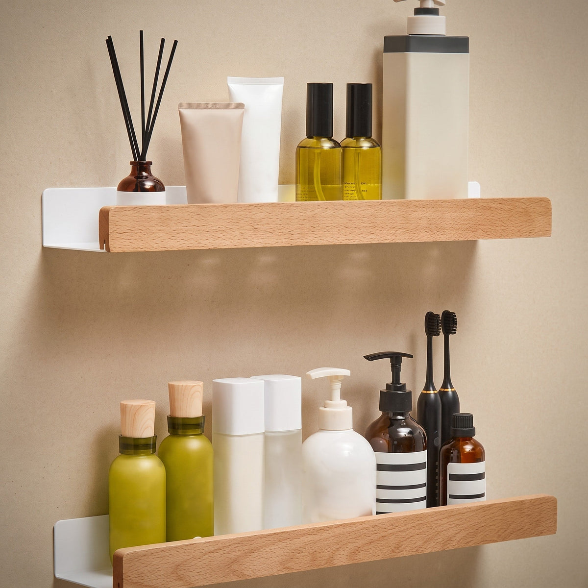 Wall Shelf with Wood Front Bathroom Storage Rack - Rack Wall Shelves & Ledges - Light Brown - Oaksoho