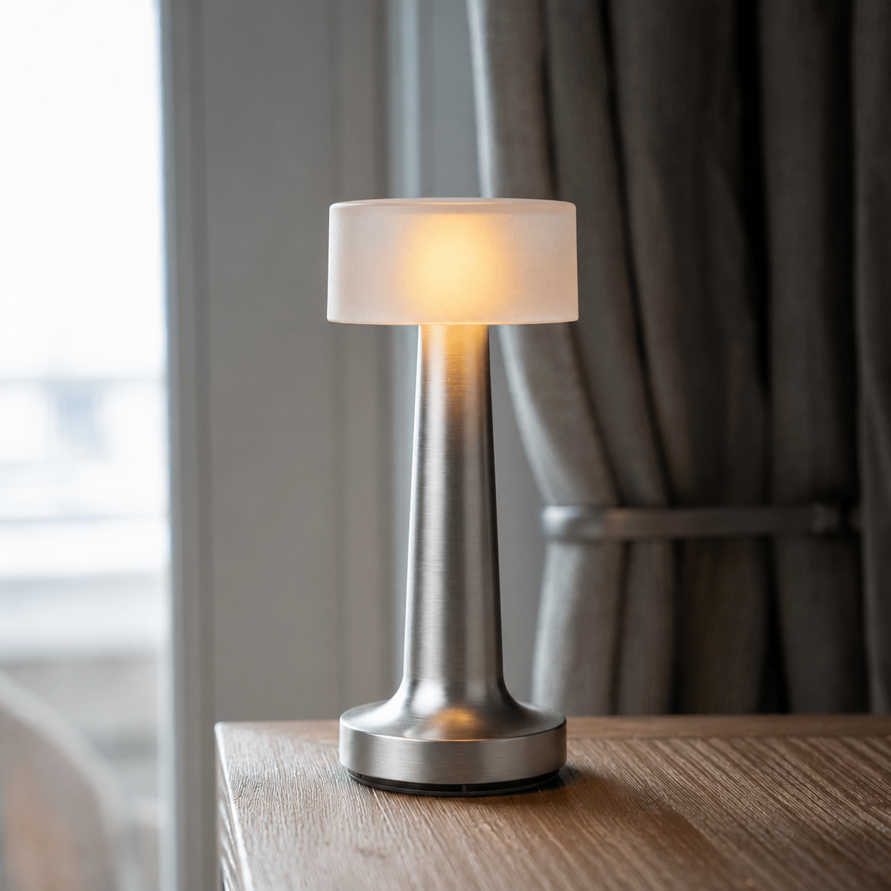 Wireless LED Table Lamp with Round Shade and Slim Base - Table Lamps - Silver - Oaksoho