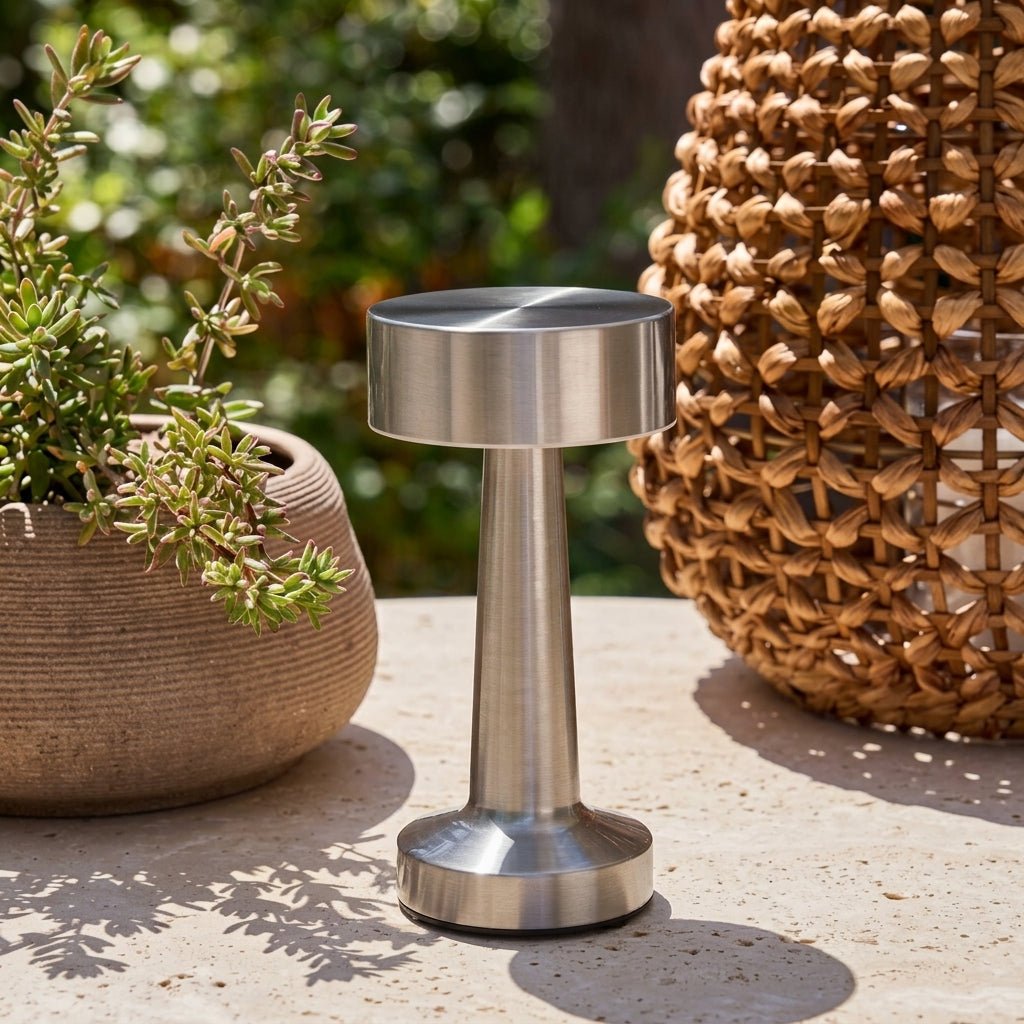 Wireless LED Table Lamp with Round Shade and Slim Base - Table Lamps - Silver - Oaksoho