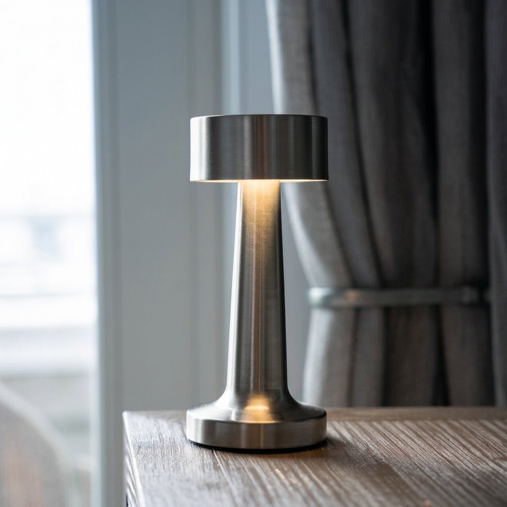 Wireless LED Table Lamp with Round Shade and Slim Base - Table Lamps - Silver - Oaksoho
