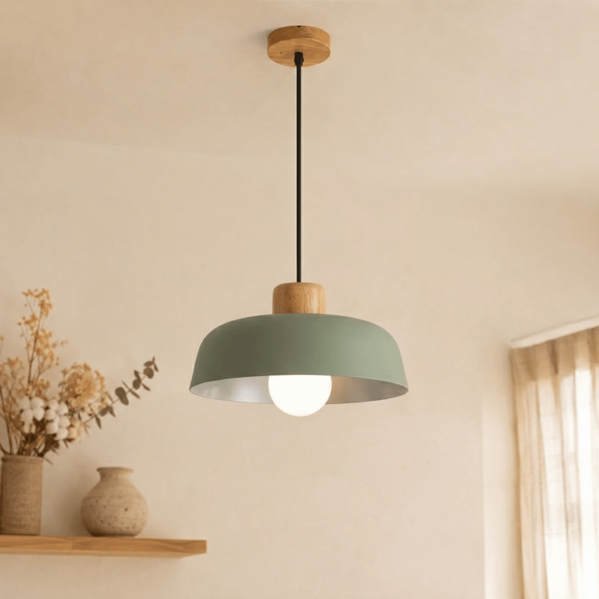 Wood and Metal Dome Pendant Light with Adjustable Height - Pendant Light Fixtures - Green - Oak Soho