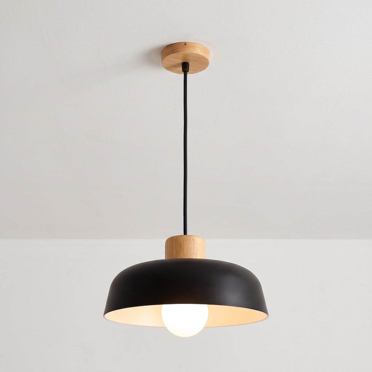 Wood and Metal Dome Pendant Light with Adjustable Height - Pendant Light Fixtures - Black - Oak Soho