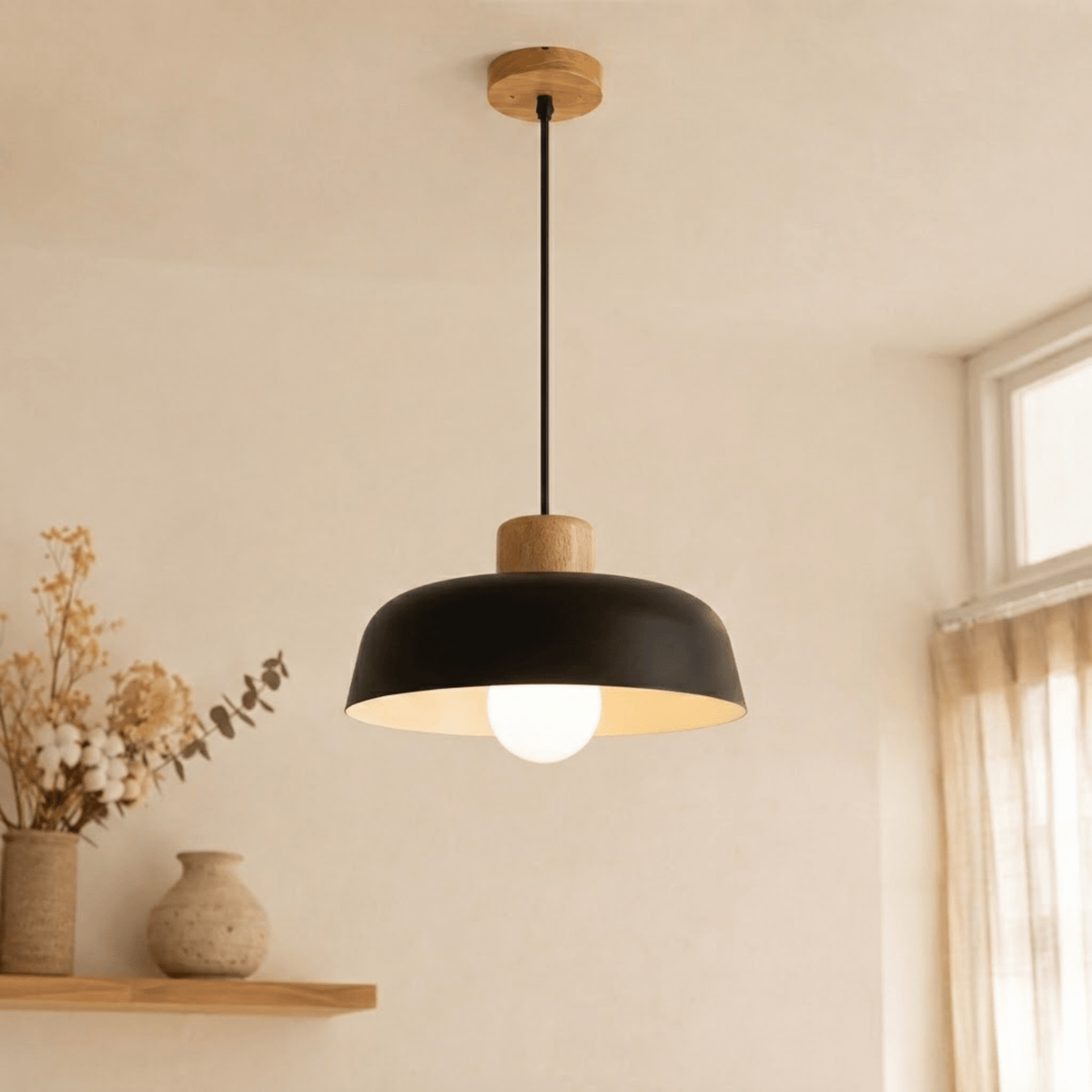 Wood and Metal Dome Pendant Light with Adjustable Height - Pendant Light Fixtures - Black - Oak Soho