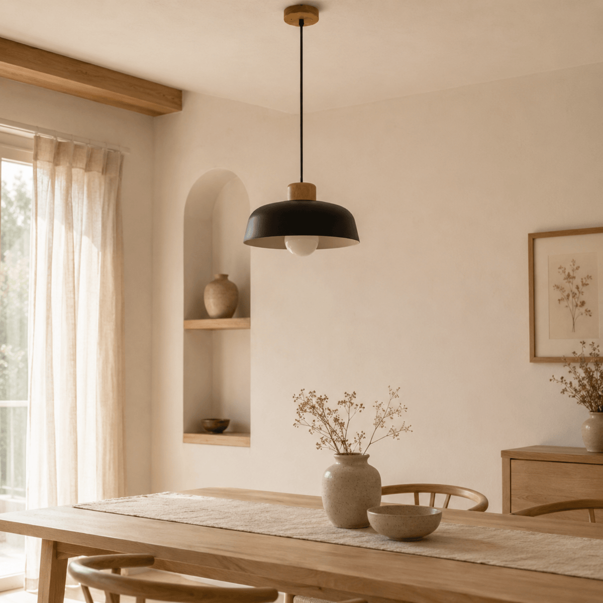 Wood and Metal Dome Pendant Light with Adjustable Height - Pendant Light Fixtures - Black - Oak Soho