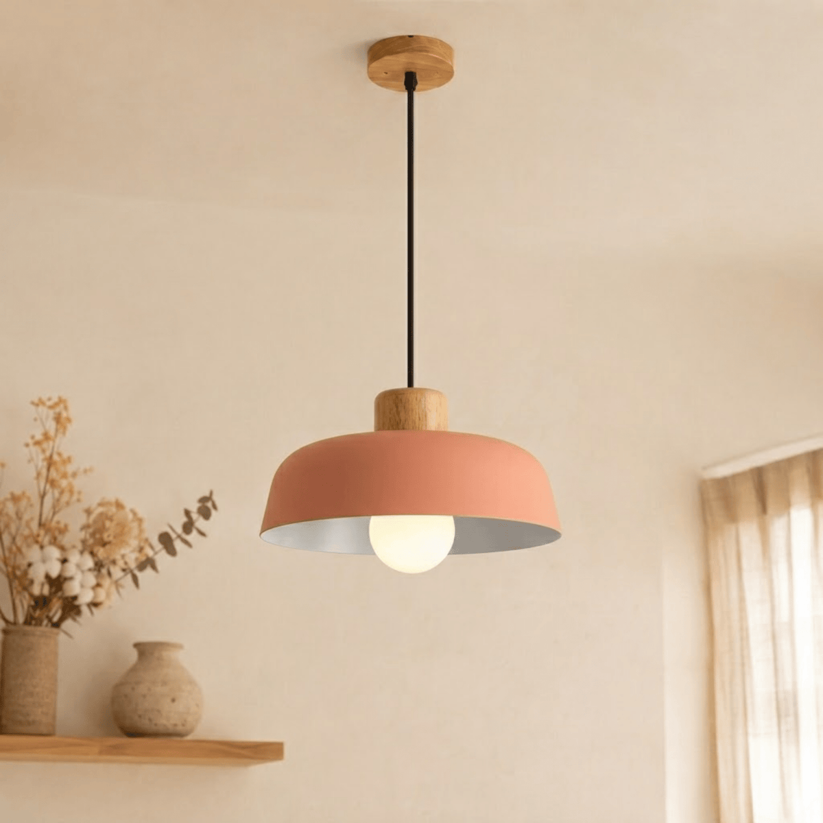 Wood and Metal Dome Pendant Light with Adjustable Height - Pendant Light Fixtures - Pink - Oak Soho