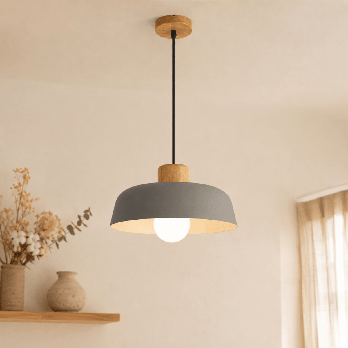Wood and Metal Dome Pendant Light with Adjustable Height - Pendant Light Fixtures - Grey - Oak Soho