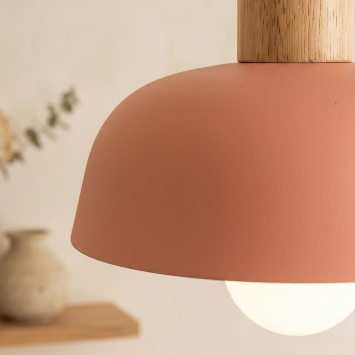 Wood and Metal Dome Pendant Light with Adjustable Height - Pendant Light Fixtures - Pink - Oak Soho