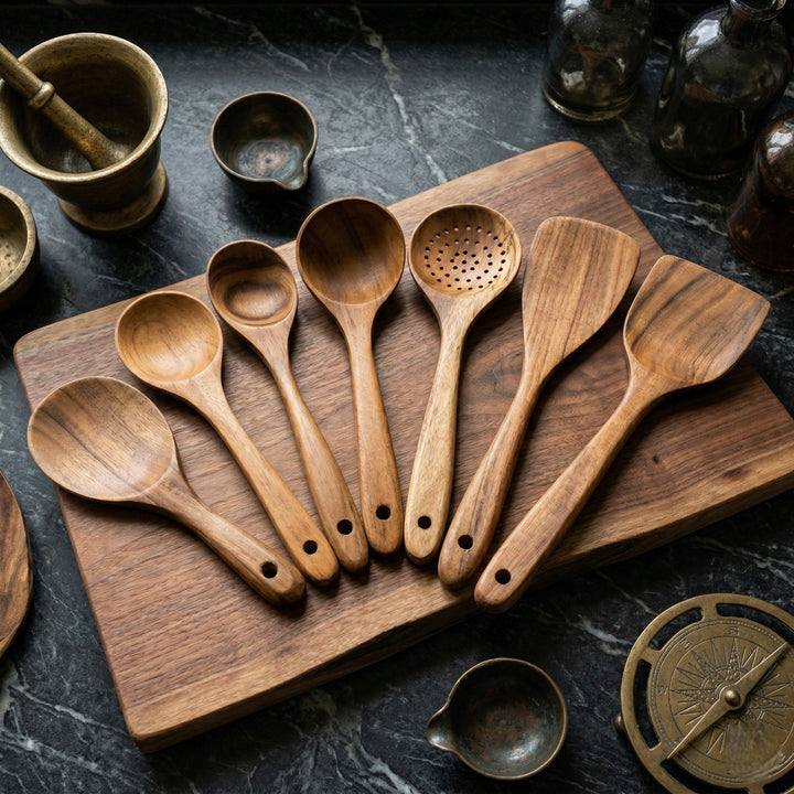 Wooden cooking utensil set with various kitchen tools - Cooking Utensils - Oaksoho